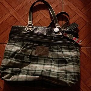 🩵🖤🩶Coach Tartan Glamour 15886 Poppy Black Blue Silver Tote Sparkle